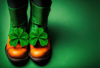 Wall Mural - Close up on a pair of green boot that a leprechaun could wear for Saint Patrick's day festivity for irish holidays in Irland, ai generative with copy space