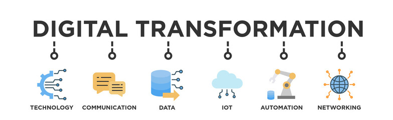 Digital transformation icon banner web illustration with technology, communication, data, iot, ict, automation, internet, and networking icons