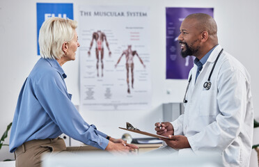 Poster - Health, doctor with patient and consultation with medical exam, hospital and conversation about healthcare. Black man with senior woman, clipboard with info for health care, medicine and clinic