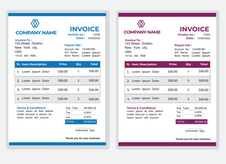  Business Minimal Corporate Invoice design template vector illustration bill form price . Creative template and stationery design payment agreement design template Cash Memo, Vector Quotation Design