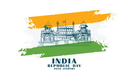 indian republic day banner with abstract tricolor and red fort design