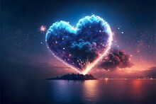 Heart-shaped Fireworks In The Night Sky, In A Romantic Mood Near The Ocean