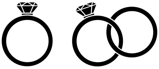 Ring with gem icon set. Engagement rings silhouette. Vector illustration isolated on white background.