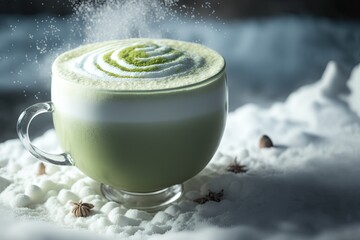 Wall Mural - illustration of ice freezing cup of chocolate with cream topping, green vanilla matcha latte, green tea latte	
