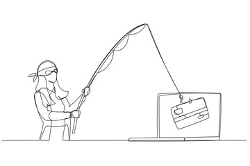 Illustration of businesswoman as cyber thief hacker try to get credit card concept of phishing. Single continuous line art style