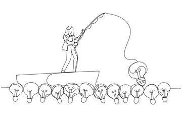 Wall Mural - Illustration of businesswoman fishing lightbulb idea. Single continuous line art style