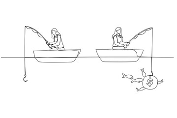 Wall Mural - Drawing of businesswoman fishing dollar money profit sitting in boat. One line style art