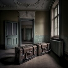 Old Suitcases And Trunks In An Old Room.	