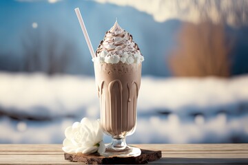 Wall Mural - illustration of ice freezing glass of chocolate milkshake with whip cream topping glass