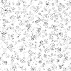 Wall Mural - Hand Drawn Snowflakes Christmas Seamless Pattern. Subtle Flying Snow Flakes on chalk snowflakes Background. Appealing chalk handdrawn snow overlay. Brilliant holiday season decoration.