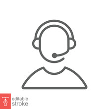 Telemarketer Icon. Simple Outline Style. Call Center Operator With Headset, Customer Service, Telemarketing Concept. Thin Line, Linear Symbol. Vector Illustration Isolated. Editable Stroke EPS 10.