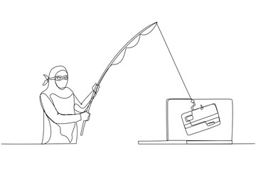 Illustration of muslim woman as cyber thief hacker try to get credit card concept of phishing. Single continuous line art