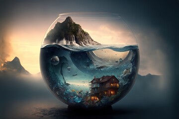 Wall Mural - surreal illustration of of nature island in imagination, big house under water globe, idea for creat