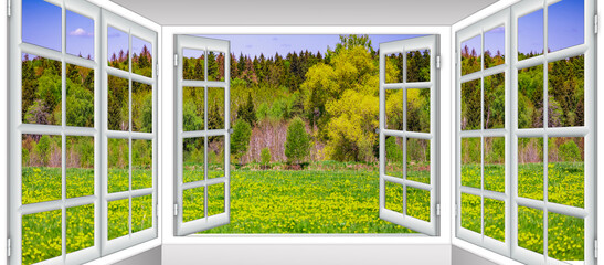  nature landscape with through a window with curtains