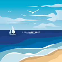 Beautiful Beach Scene With Charming Clouds, Birds And Boats Vector Illustration
