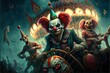 A lot of evil clowns ride the carousel, created with Generative AI technology