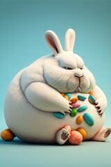 Fat tired rabbit overeating easter eggs cartoon, created with Generative AI technology