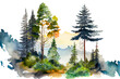 Watercolor landscape with pine and fir trees. Generative AI