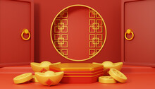 2023 Chinese New Year Decoration Banner. 3D Rendering Hexagon Podium With A Gold Coins And Ingots. Red Doors In The Back And Golden Oriental Style Decoration Around.