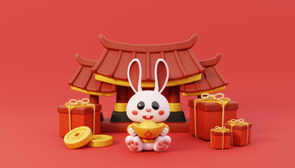 Wall Mural - 3d render cute rabbit holding a gold ingot is sitting in front of red doors on the china gate with gift boxes and red oriental style decoration around. Text: Wealth