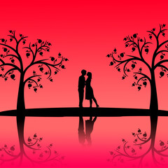 Valentine's Day celebration greeting card with young loving couple silhouettes