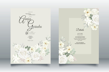 Wall Mural -  Wedding invitation card template set with beautiful white  floral leaves Premium Vector