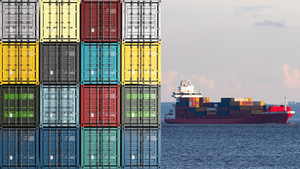 Wall Mural - Sea logistics transportation. Container ship in ocean. Closed cargo containers in different colors. Open air container warehouse. Delivery of goods to seaport. Cargo ship leaves port. 3d image.