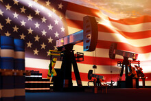 Oil Production In United States Of America. Oil Pumps. USA Fuel Industry. Barrels For Storing Recycled Fuel On Pallets. Crude Oil Field With USA Flag. Concept Exporting Petroleum From USA. 3d Image.