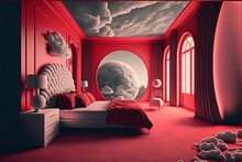 Red Dream, Red Bedroom With Clouds, Created With Generative Ai