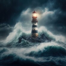 Illustration Lighthouse In The Storm Made With Generative Ai