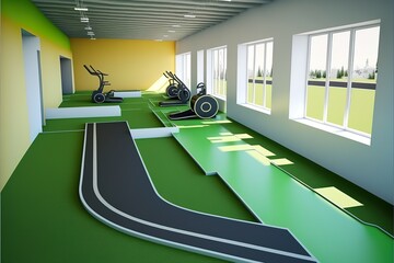 Interior of an urban gym with equipment. Sports center for aerobic, spinning class, functional training. In the middle of the sports center are artificial grass and a running track. Generative AI