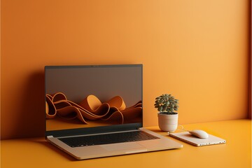 Laptop computer on desk in office in front of an orange wall. Generative AI
