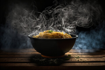 Digital art of  steamy noodles in a bowl with smoke background