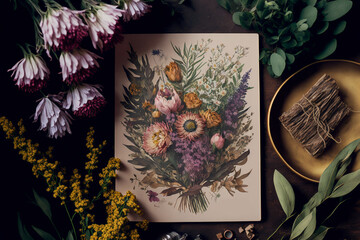 Wall Mural - Beautiful flat lay with flowers on a table. 