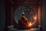 Fototapeta Las - A tranquil monk meditates in a serene room, with a circular window revealing a mystical flight of birds and an ethereal flame, symbolizing enlightenment and inner peace. generative ai