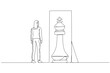 © rina - Drawing of business woman standing infront of mirror seeing inner king chess piece concept of positive mindset. Single continuous line art style