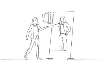 Wall Mural - Drawing of business woman giving reward to self when achieving goal celebrate victory. Continuous line art