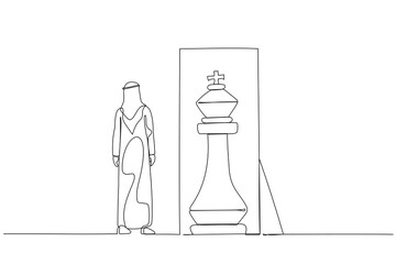 Wall Mural - Cartoon of arab man standing infront of mirror seeing inner king chess piece concept of positive mindset. One line art style