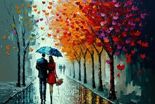 Oil Painting Style Illustration Of A Sweet Couple Dating At Beautiful Park During Spring Rain Under Same Umbrella 