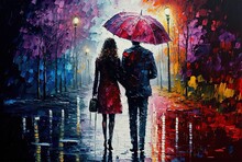 Oil Painting Style Illustration Of A Sweet Couple Dating At Beautiful Park During Spring Rain Under Same Umbrella 