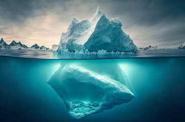 Iceberg With Above And Underwater View in the ocean. Affected by climate change and global warming. Generative AI