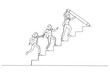 © rina - Drawing of businesswoman draw stair with pencil to lead team walk up leader guide team concept of growth. One line art style