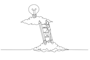 Wall Mural - Cartoon of businesswoman climbing ladder to upper cloud to find bright idea concept of creative inspiration. One line art style