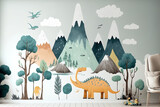 Fototapeta Dziecięca - Illustration of a hand drawn mountain with adorable dinosaurs in a scandinavian format. clouds, a mountainous landscape. Tropical wallpaper for kids. Mountain view, kids' room layout, and wall