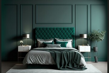 Minimalism design of the interior bedroom. Square view of a large gray velor bed with gray linens. Deep emerald green wall and two bedside tables. Generative AI