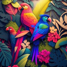 3d Digital Art. Drawing Colorful Wallpaper. Tropical Forest, Multicolor Birds, Tropical Plants, And Flowers. Generative AI
