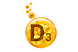  Vitamin D3 capsule. Golden balls with bubbles isolated. Healthy lifestyle concept.