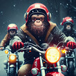 Monkey santa claus riding a motorcycle in a snowy weather