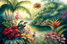 Watercolor Tropical Summer Paradise Scene With River, Leaves. Flowers, And Birds. Generative AI.