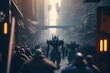 crowd of robots in the city. Movie scenery. Movie concept. Illustration. Generative AI